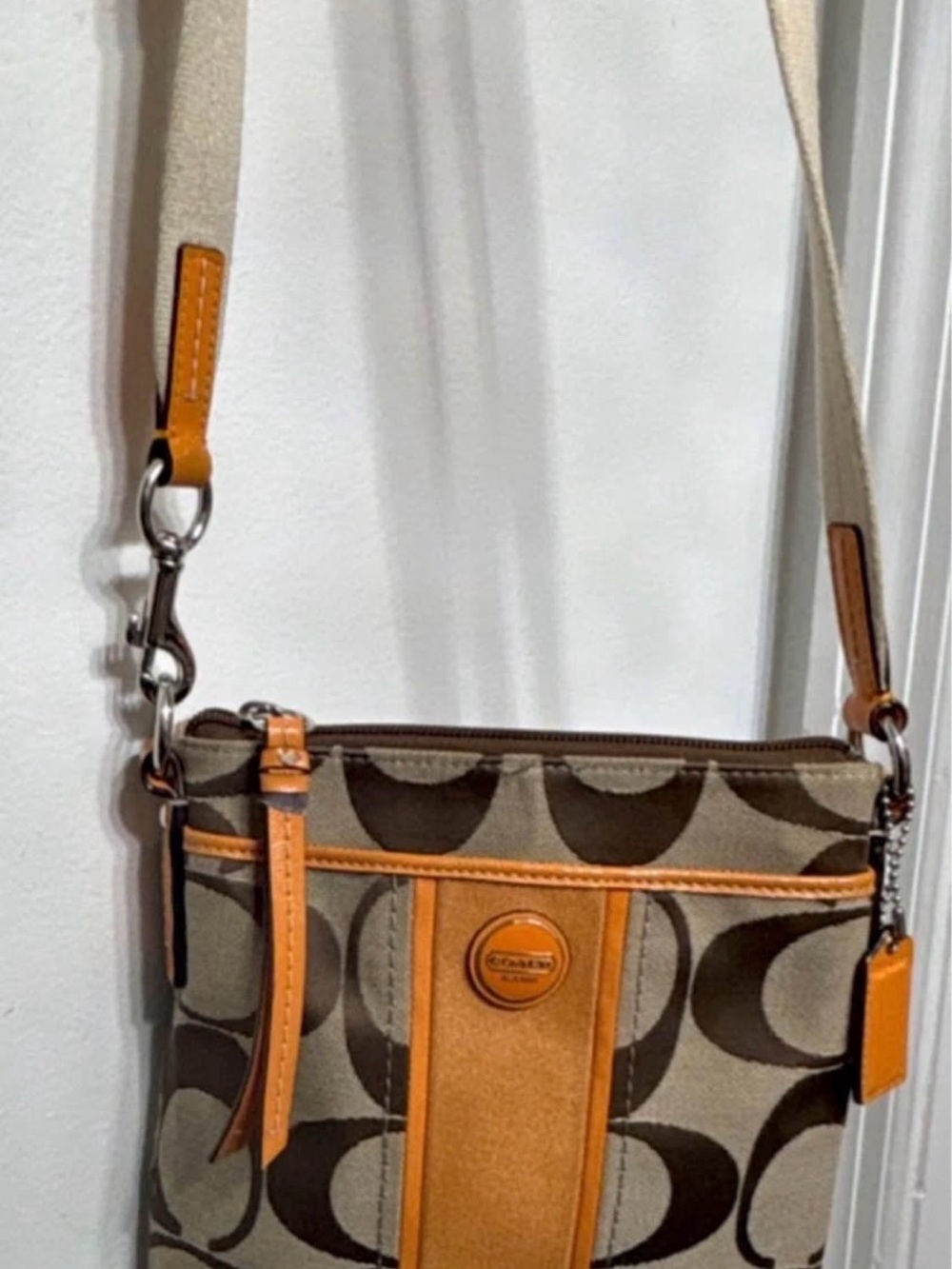 Coach Signature Canvas Crossbody in Tan with Orange Leather Trim
